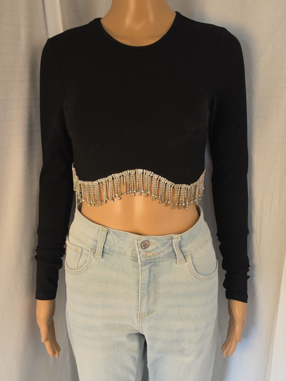The Vintage Shop Black Long-Sleeve Crop Top with Rhinestone Fringe Size Medium